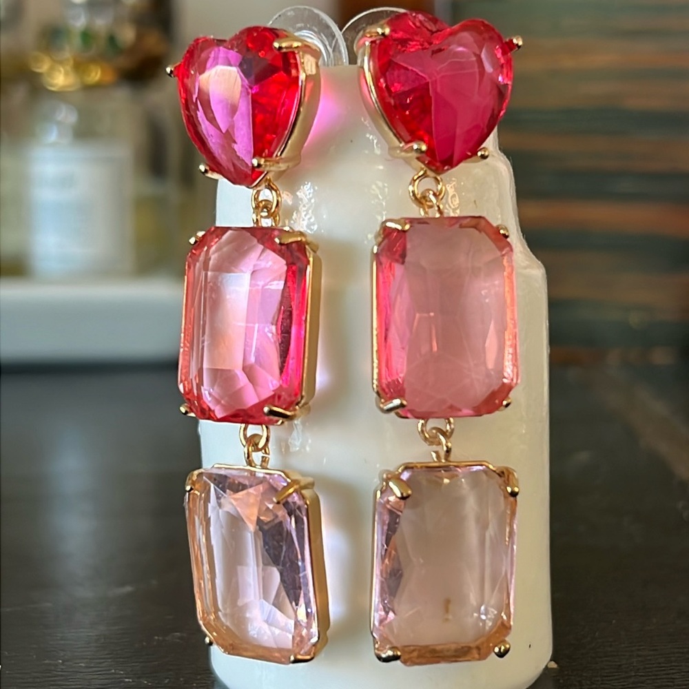 Heart Dangle Gem Bright Pink Chunky Gem Earrings Barbiecore